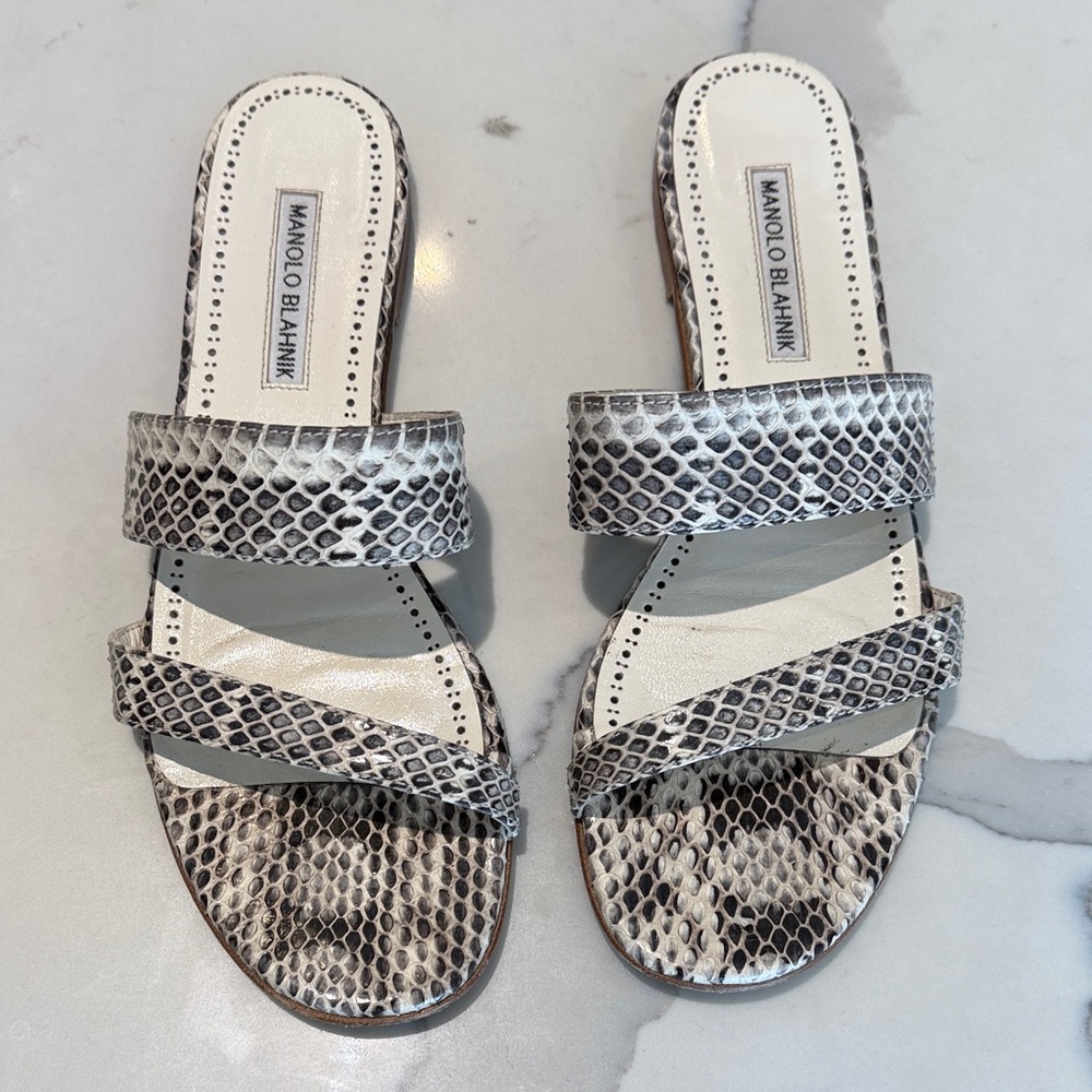 Manolo Blahnik Python Pattern Sandals - Black and… - image 1